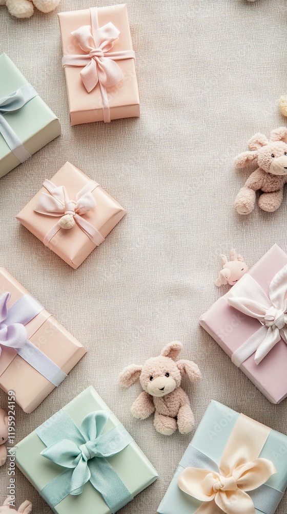 Fototapeta premium Minimalist arrangement of pastel baby shower gift boxes with soft fabric teddy bears and gentle lighting