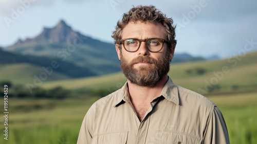 A bearded man with glasses and a backpack poses in a scenic, mountainous landscape with lush greenery.