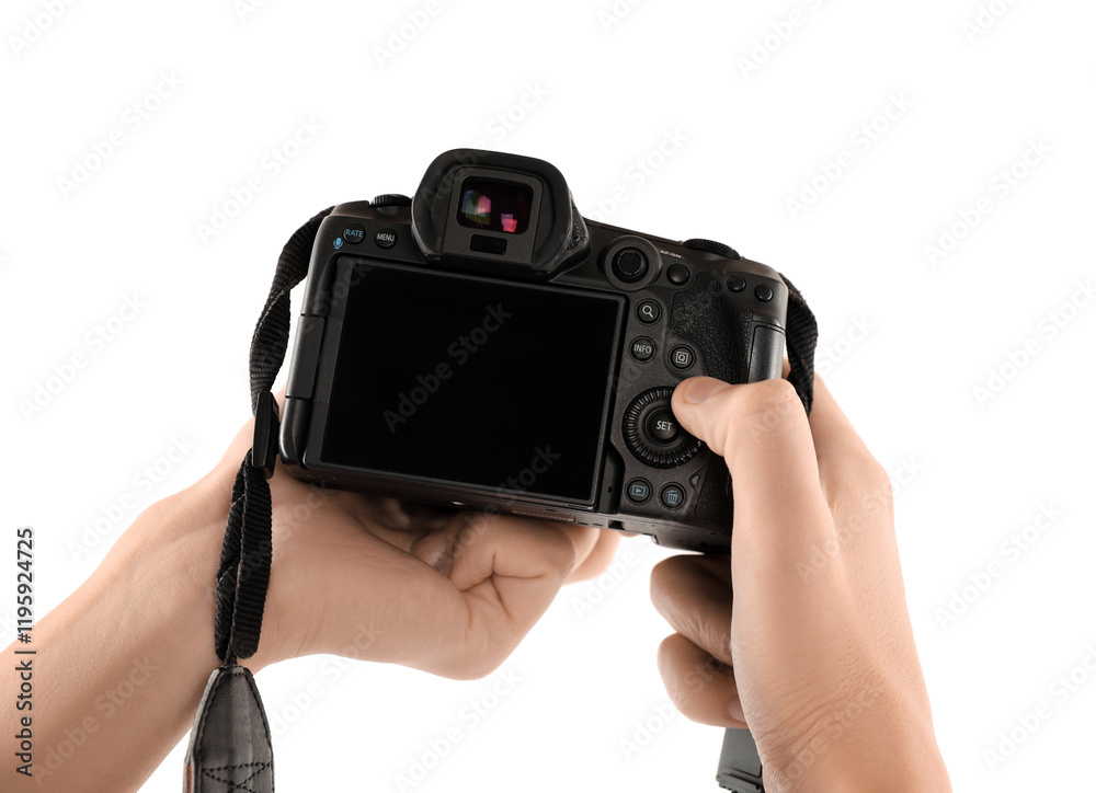 Photographer with professional camera on white background, closeup Photographer with professional camera on white background, closeup
