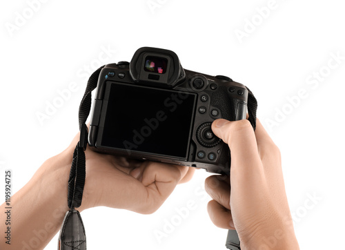 Photographer with professional camera on white background, closeup