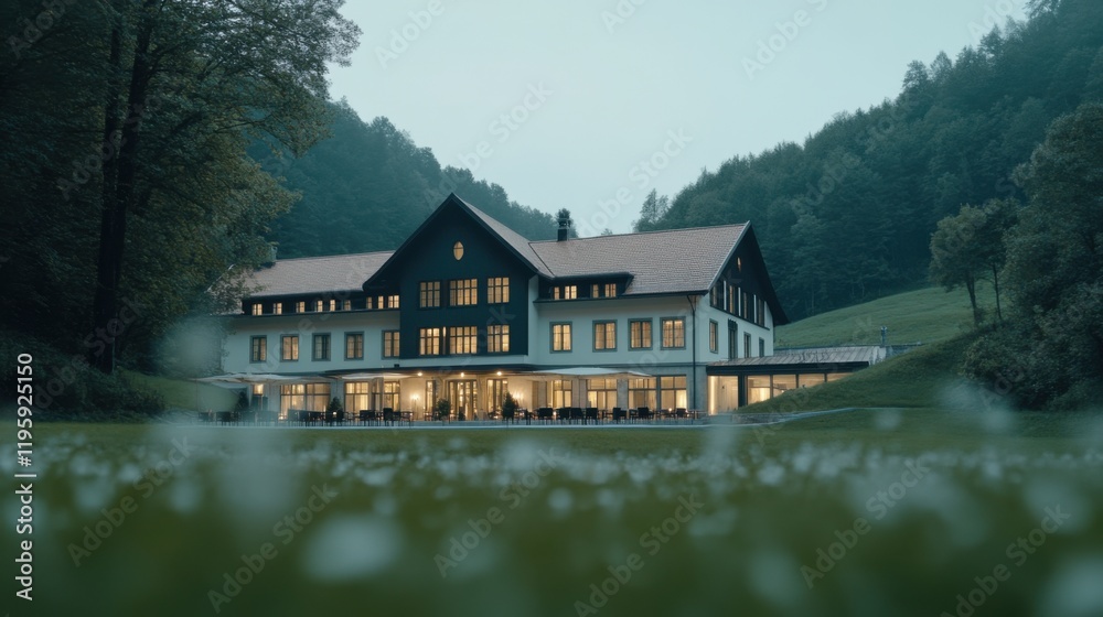 Obraz premium A scenic fairy tale castle set against a backdrop of lush hills and a soft dusk sky, featuring a serene and cinematic ambiance.