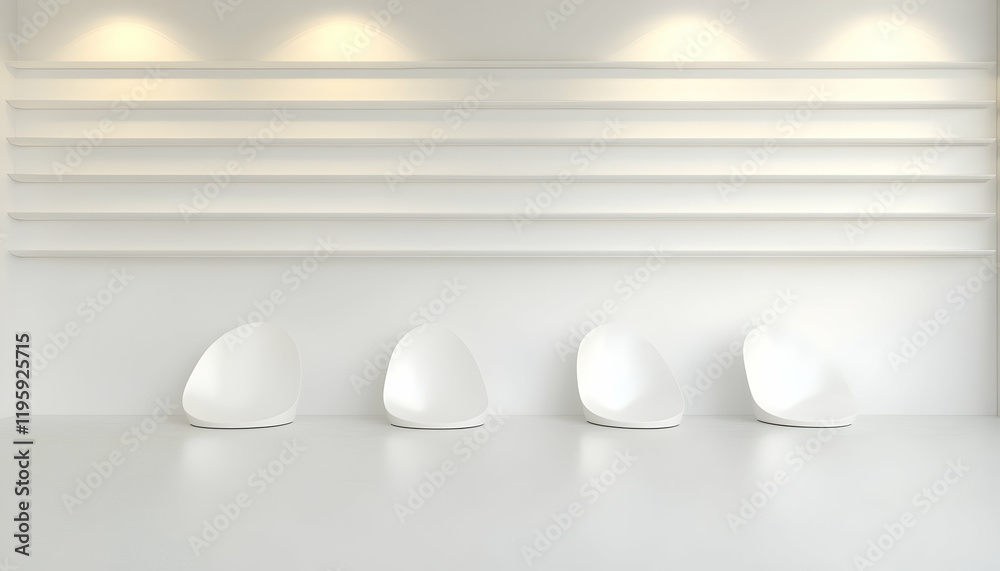 Minimalist white chairs in a modern waiting room with recessed lighting and textured walls; ideal for design or medical waiting room imagery Minimalist white chairs in a modern waiting room with recessed lighting and textured walls; ideal for design or medical waiting room imagery