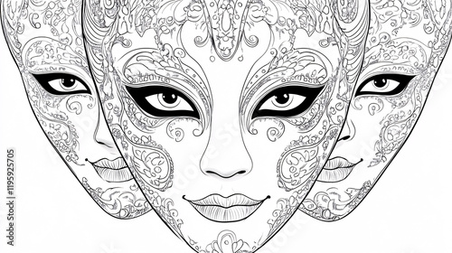 A trio of black and white masks adorned with intricate floral designs and symmetrical patterns creating an artistic and elegant composition

