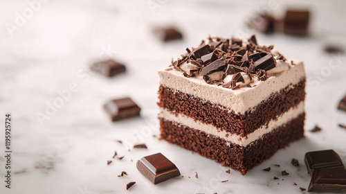 Close-up of a delicious chocolate cake with layers and chocolate shavings on top photo