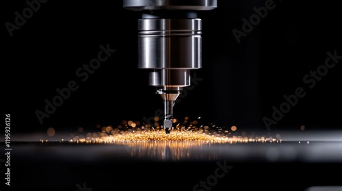A CNC milling machine operates with precision, highlighted by a burst of sparks in a cinematic 8k still. The sleek metal contrasts against a dark background.