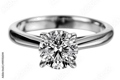 luxury diamond ring, a contemporary, deluxe ring with a sizable round diamond in a prong setting on a polished white metal band, ideal for special occasions photo