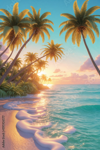 Beach scene with palm trees and sunset rendered in 3D.