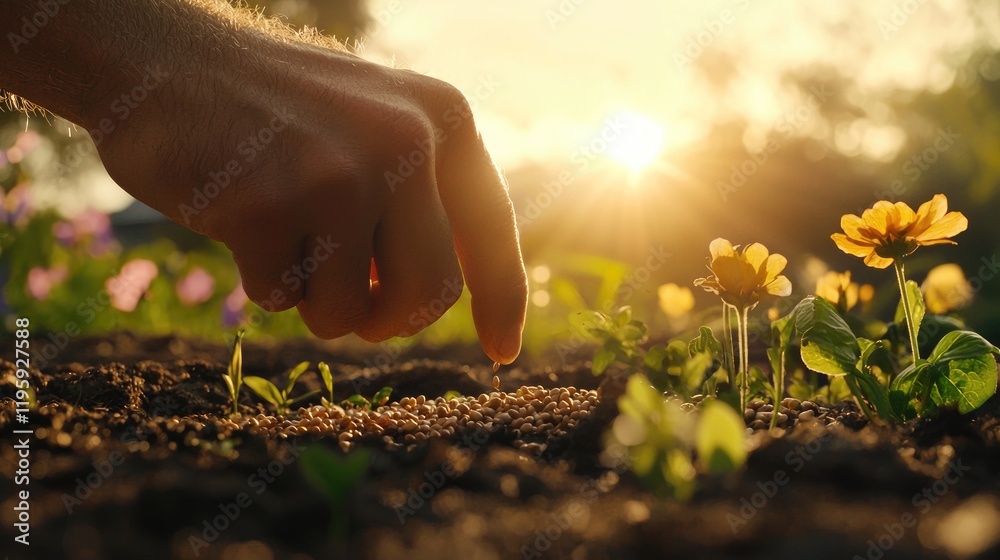 Fototapeta premium Person planting seeds in a garden bed, symbolizing the start of spring.