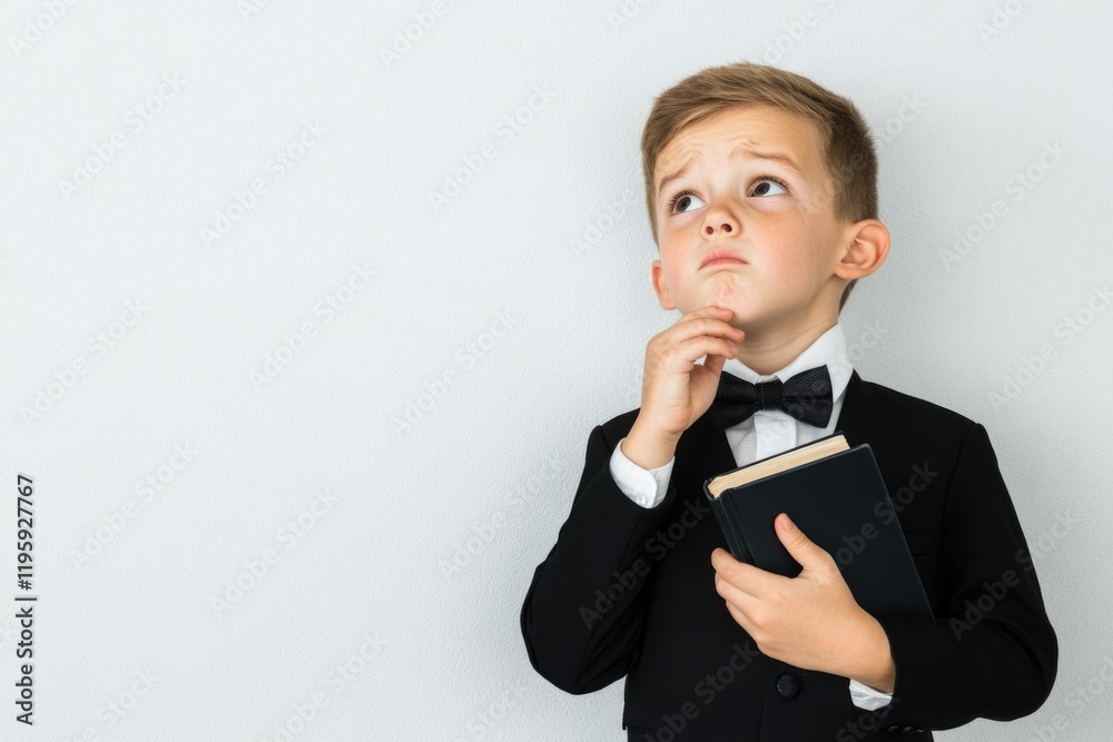Caucasian young boy in suit holding book, looking thoughtful Caucasian young boy in suit holding book, looking thoughtful