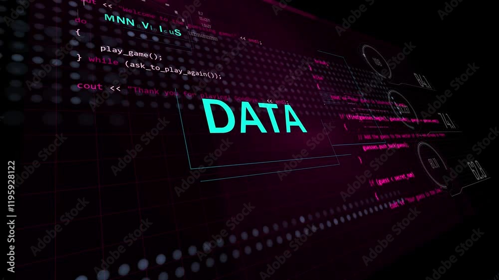 data, innovations, cyberspace and security words in 3d high tech animation. Digital futuristic background with titles for technology theme. Green screen intro