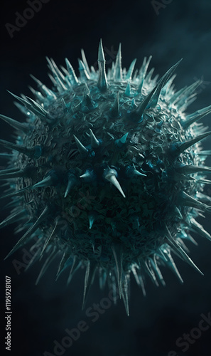 3D visualization of the virus, mystical lighting creates an unsettling atmosphere.