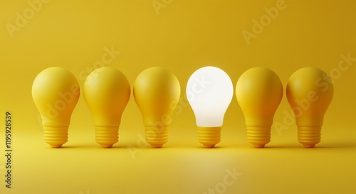 A single light bulb illuminated among a row of similar non-lit yellow bulbs, symbolizing creativity, innovation, and uniqueness in a monochromatic background.

