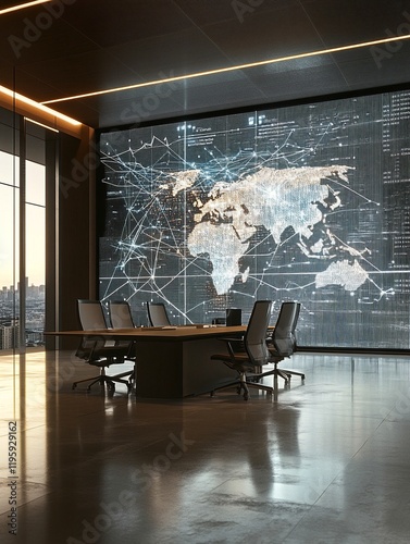 Minimalistic office design with a large illuminated digital world map and connected cityscape view in a sleek interior photo