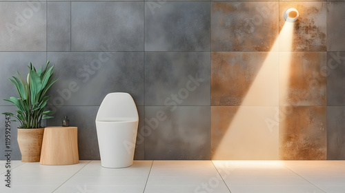 Modern bathroom interior design, sleek toilet, plant, wooden stool, textured wall, spotlight.  Ideal for home design websites or magazines