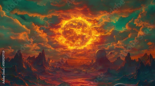 Fiery Celestial Landscape With Mountains And Planets photo