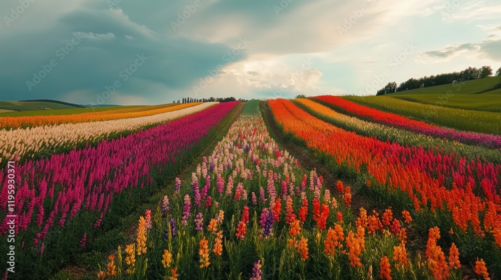 A vibrant field of colorful lupine flowers under a cloudy sky at sunset A vibrant field of colorful lupine flowers under a cloudy sky at sunset