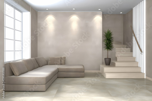 Modern Beige Living Room Interior Design with Stairs  Large Window  and Plant. Ideal for home d  cor websites