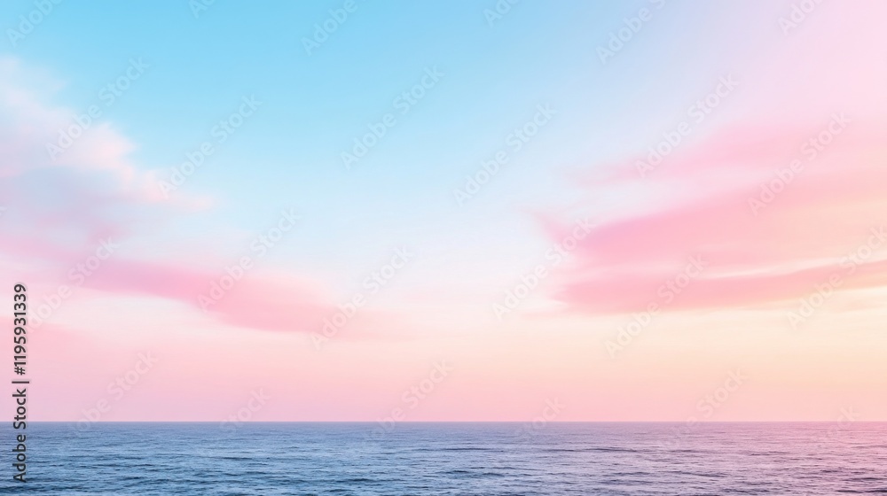 Obraz premium A serene sunset over a calm ocean with vibrant hues of pink and blue in the sky, creating a peaceful and tranquil atmosphere.
