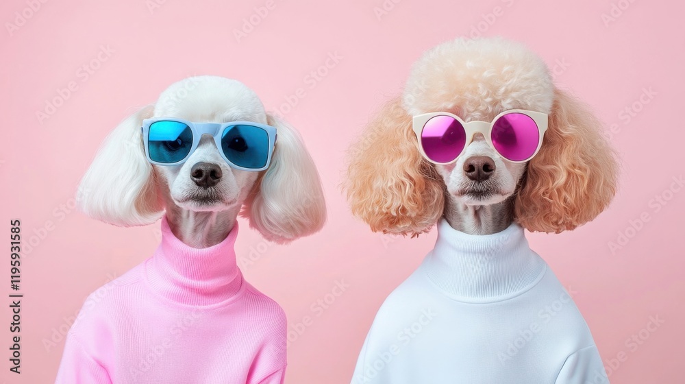 Fototapeta premium Two poodles, each wearing sunglasses, pose against a pink background. They sport vibrant coats, creating a cheerful and stylish scene.