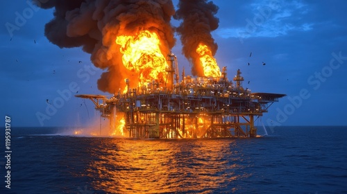 Dramatic Offshore Oil Rig Explosion at Sea Captured in Fiery Evening Blaze Highlighting Oil Industry Disasters, Safety Concerns, and Environmental Impact photo
