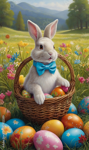 Easter bunny with a paintbrush is surrounded by brightly colored decorative eggs.