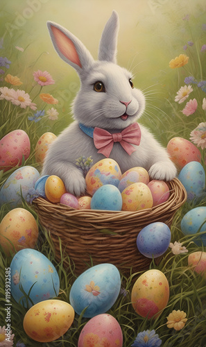 Cute rabbit in a hat is coloring eggs at an Easter party.