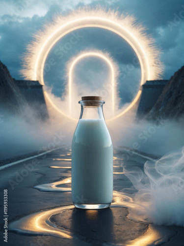 A shining gate in the clouds, next to a bottle of milk.