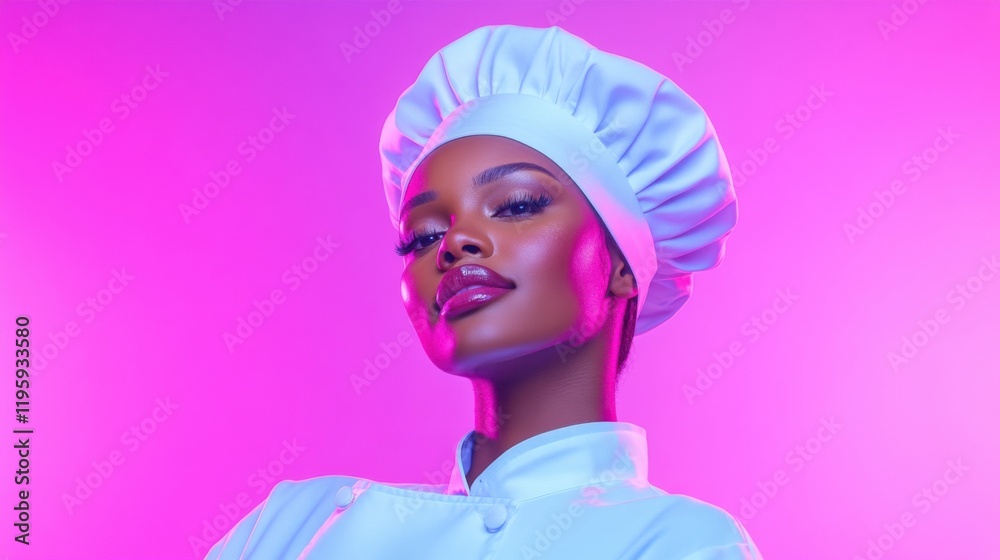 A confident chef posing in a vibrant setting, dressed in professional attire and a chef's hat, with a purple-pink background highlighting her presence. A confident chef posing in a vibrant setting, dressed in professional attire and a chef's hat, with a purple-pink background highlighting her presence.