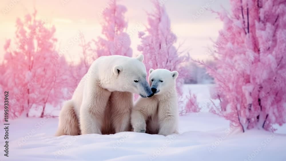 Polar bear cub snuggles up to his mother in a snowy landscape with pink trees. Two polar bears. Concept of love, Valentine's Day, Mother's Day, motherhood