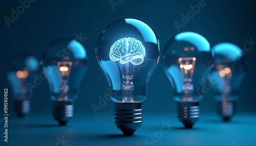 A symbolic representation of great ideas and creativity, featuring a glowing brain inside a lightbulb placed against a dark background.

