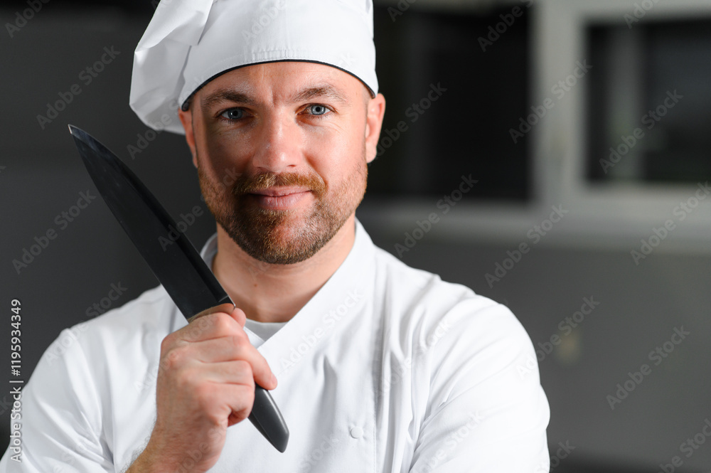 Portrait of happy caucasian male chef standing in restaurant kitchen, copy space Portrait of happy caucasian male chef standing in restaurant kitchen, copy space