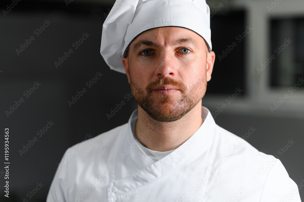 Portrait of happy caucasian male chef standing in restaurant kitchen, copy space Portrait of happy caucasian male chef standing in restaurant kitchen, copy space