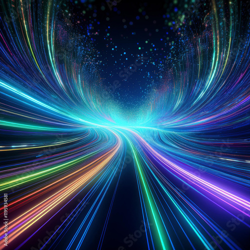 Abstract data patterns pulsate with a cosmic, high-tech rhythm.