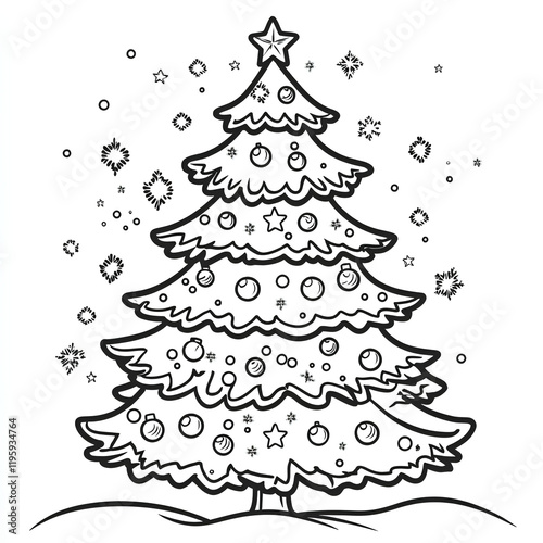 Christmas tree coloring page, black and white kids page