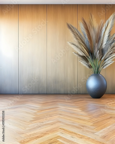 Modern interior design  Herringbone wood floor, wood wall, pampas grass in vase.  Use home décor, real estate photo