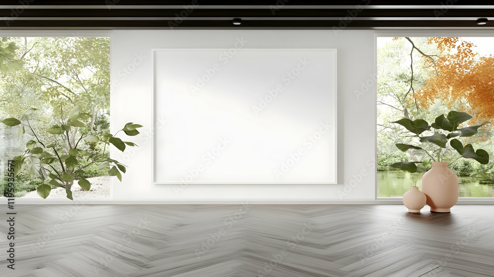 Fototapeta premium Modern interior design with blank canvas, plants, and large windows overlooking tranquil garden. Ideal for showcasing artwork or home decor