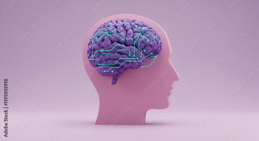 Obraz premium Abstract 3D illustration of a head with a computer-processed brain, symbolizing artificial intelligence, technology, and digital thinking