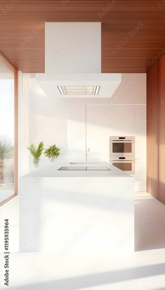 Modern kitchen design, sunlight streaming through window, island counter, minimalist style, perfect for home design magazines Modern kitchen design, sunlight streaming through window, island counter, minimalist style, perfect for home design magazines