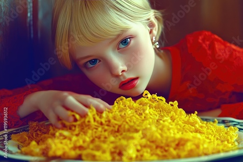 Blonde Girl in Red Dress with Yellow Noodles photo