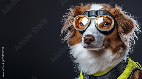 Safety Pup Day Dog in goggles and yellow vest poses creatively. photo