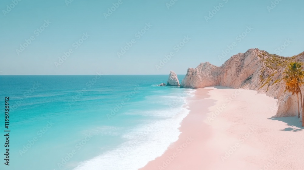 Obraz premium An aerial view of Lands End and the Arch at Cabo San Lucas showcases pristine turquoise waters, stunning rock formations, and soft sandy beaches.