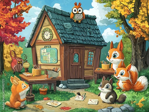 Woodland animal school with teacher owl and student bunnies, squirrels, and foxes, cute classroom scene photo