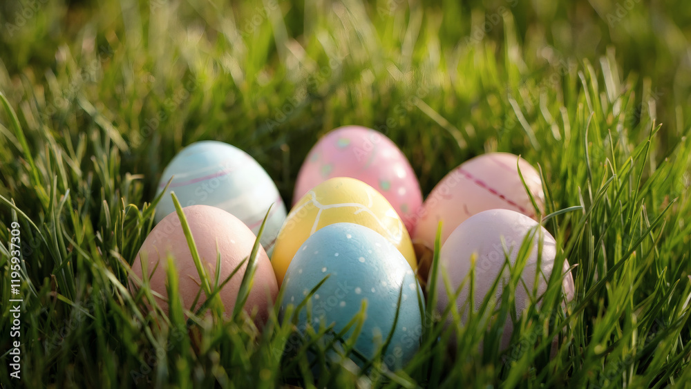 Easter eggs: A simple yet striking photo of a collection of colorful Easter eggs nestled in fresh, vibrant spring grass, captured from a low, nearly parallel angle Easter eggs: A simple yet striking photo of a collection of colorful Easter eggs nestled in fresh, vibrant spring grass, captured from a low, nearly parallel angle
