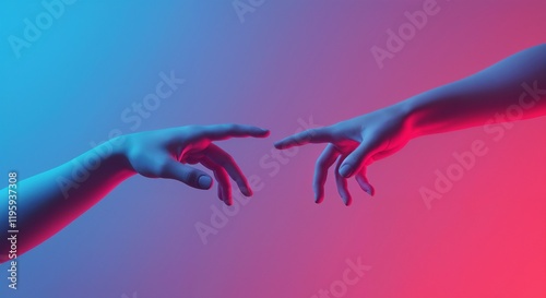 Two Hands Reaching Out in Artistic Neon Blue and Pink Lighting

