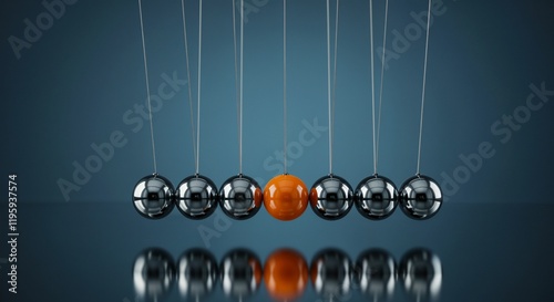 Newton's Cradle showcasing individuality and standing out, represented by an orange ball among metal balls.

 photo