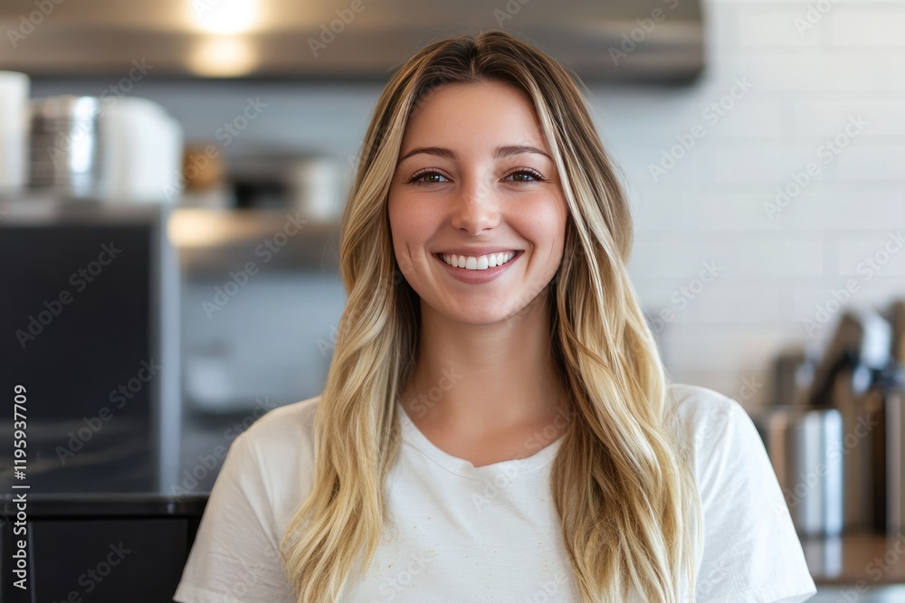 Young Woman Smiling in a Kitchen Setting Young Woman Smiling in a Kitchen Setting