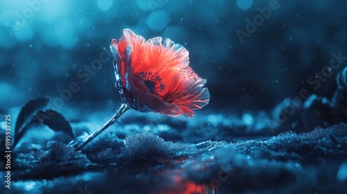 Glowing red poppy in frosty, blue landscape. photo