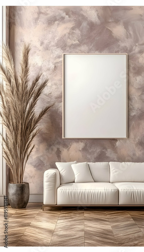 Modern living room interior design, featuring a white sofa, pampas grass, and a blank canvas, against a textured wall; ideal for home decor websites photo