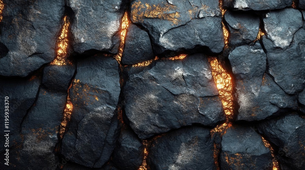 Dark Stone Wall Texture with Glowing Cracks, Abstract Background Dark Stone Wall Texture with Glowing Cracks, Abstract Background