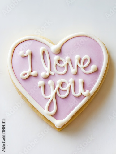 Heart-shaped icing cookie: A close-up, vibrant photo of a heart-shaped icing cookie with the words "I LOVE YOU" written in delicate icing lettering